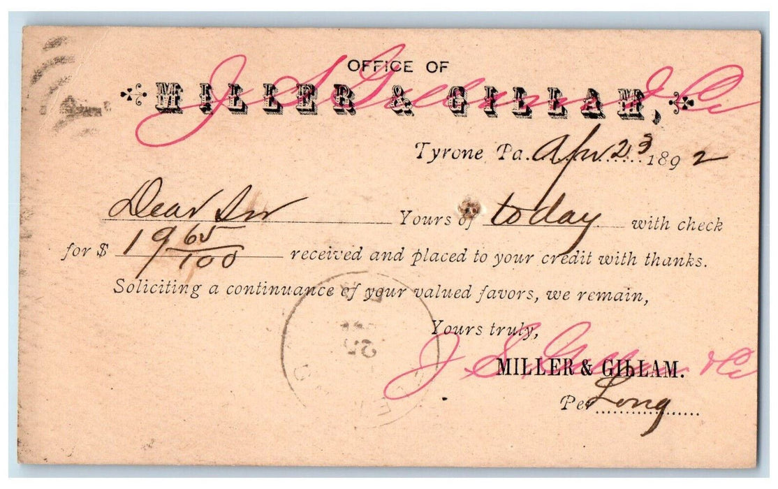 1892 Office Of Miller & Gillah Tyrone Pennsylvania PA Fleming PA Postal Card