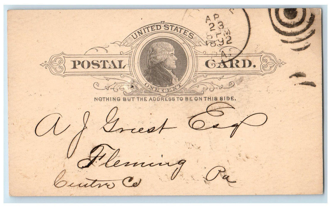 1892 Office Of Miller & Gillah Tyrone Pennsylvania PA Fleming PA Postal Card