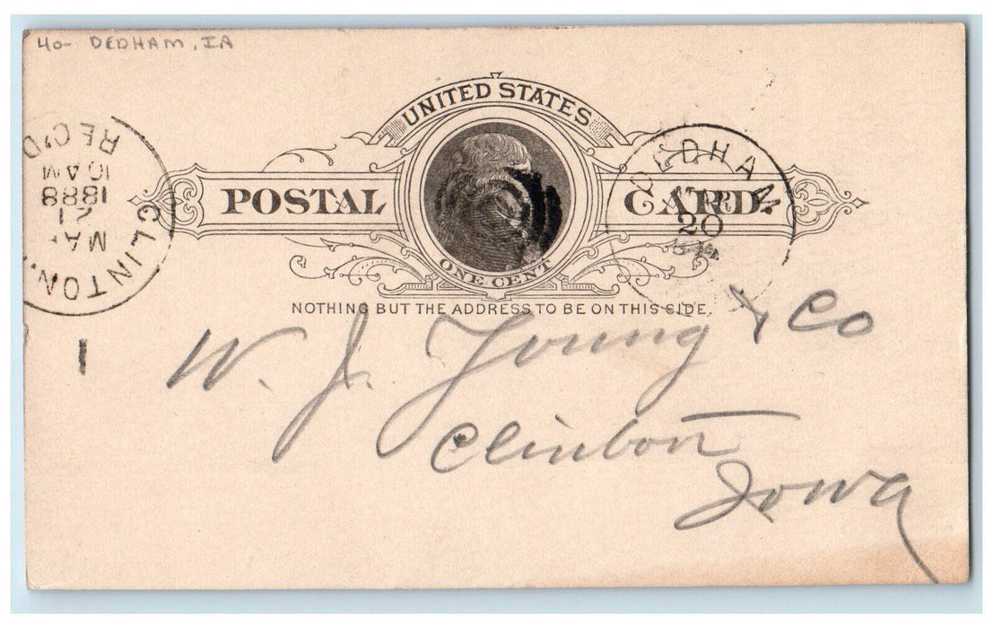 1888 WJ Young and Co Clinton Iowa IA Deadham Iowa IA Posted Postal Card