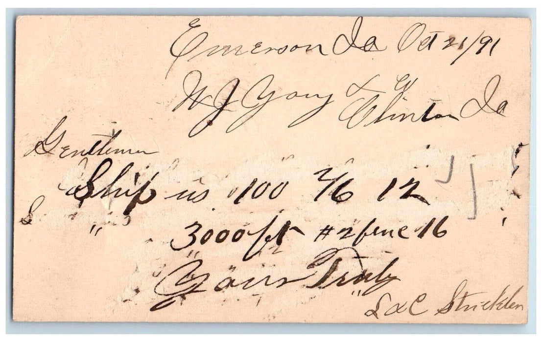1891 L & C Stricklen Clinton Iowa IA Emerson Iowa IA Posted Postal Card