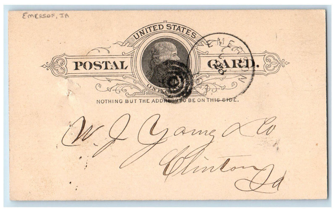 1891 L & C Stricklen Clinton Iowa IA Emerson Iowa IA Posted Postal Card