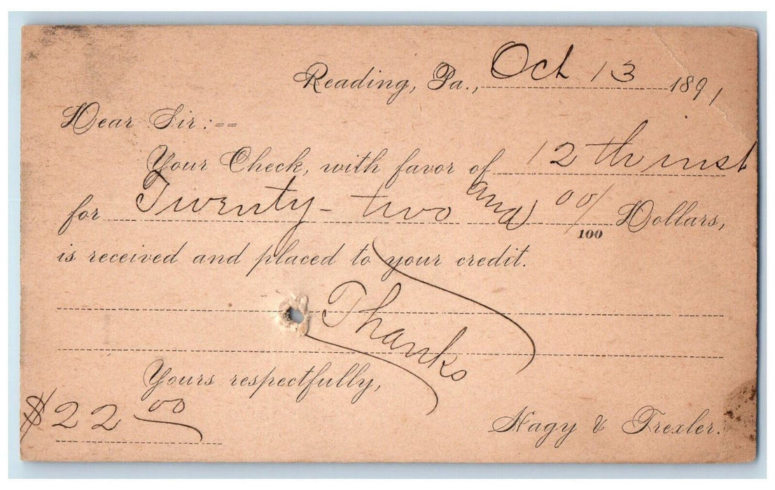 1891 Afagy & Trexler Reading Pennsylvania PA Fleming PA Posted Postal Card