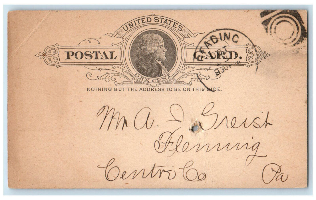 1891 Afagy & Trexler Reading Pennsylvania PA Fleming PA Posted Postal Card