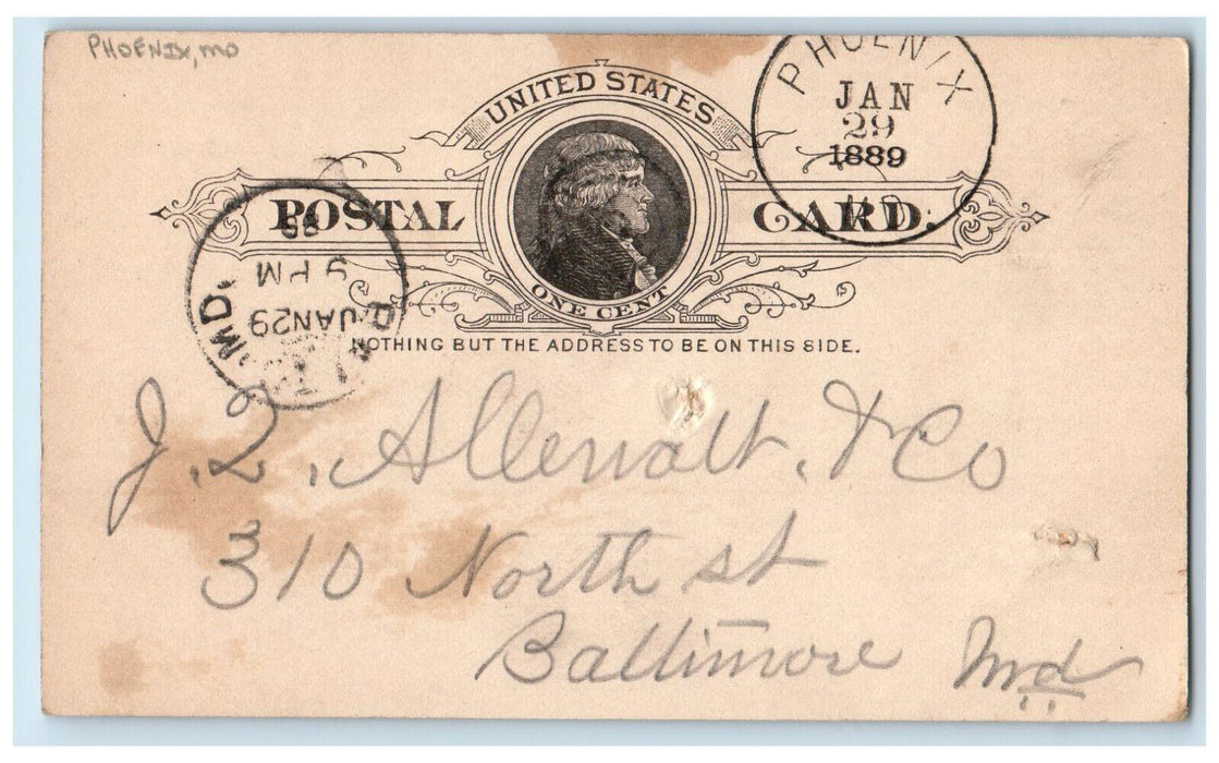 1889 White Meal and Oblige Phoenix Maryland MD Baltimore MD Postal Card