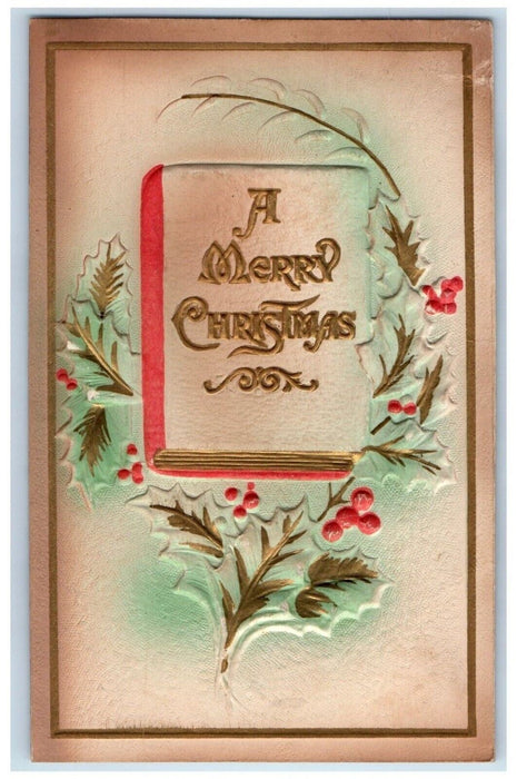 c1910's Christmas Book Holly Berries Airbrushed Embossed Posted Antique Postcard