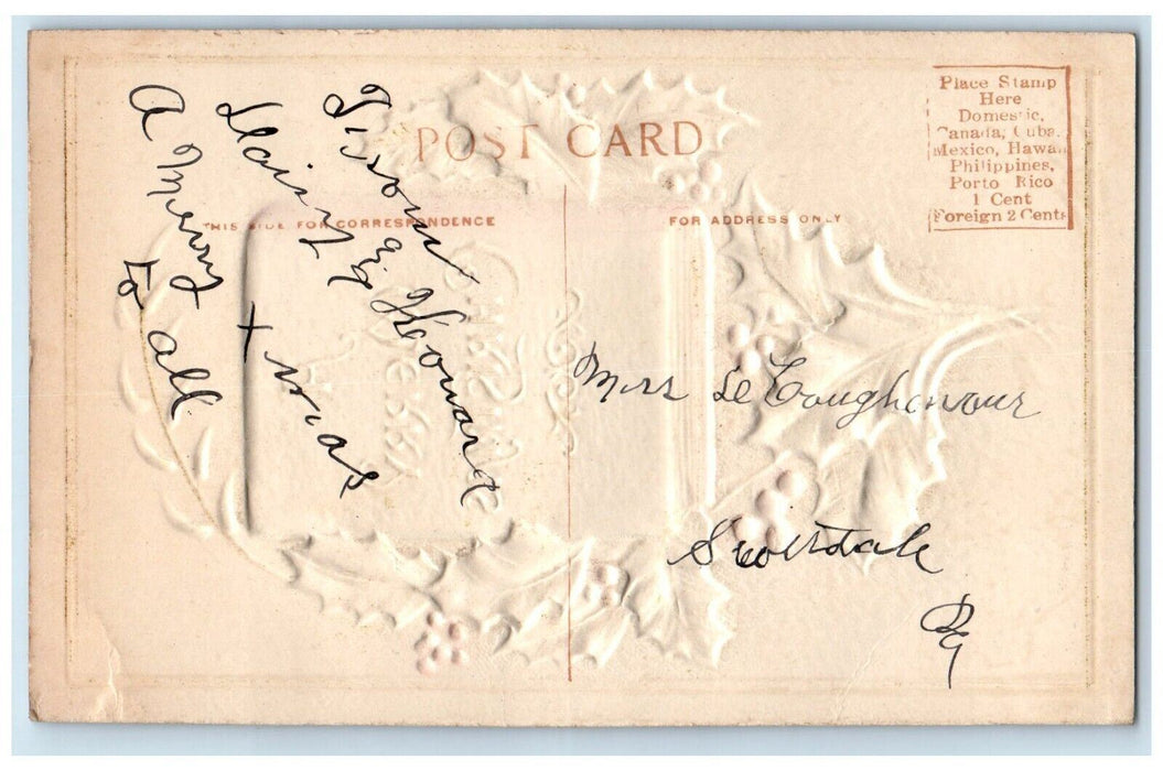 c1910's Christmas Book Holly Berries Airbrushed Embossed Posted Antique Postcard