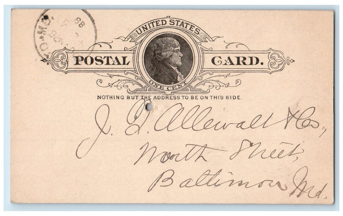 1889 L.F. Miller & Sons Union Bridge Maryland MD Baltimore MD Postal Card