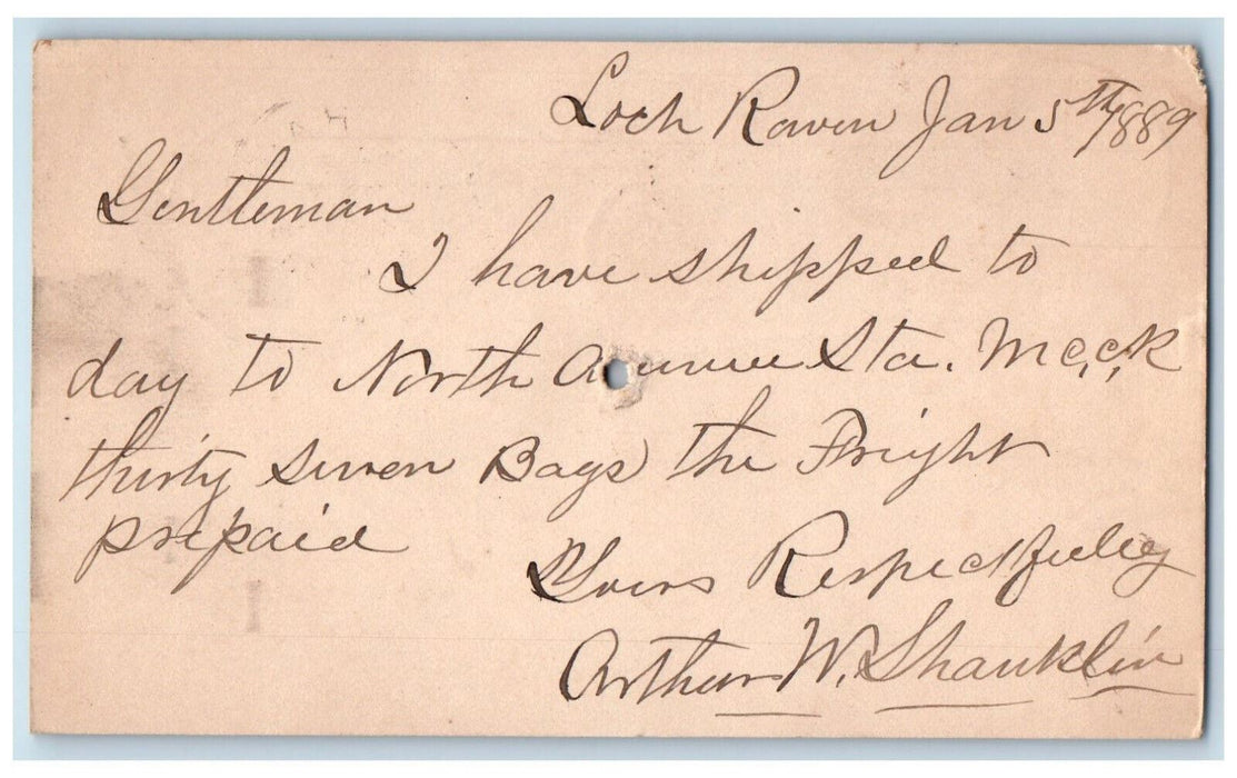 1889 Arthur W Shauklin Loch Raven Maryland MD Baltimore MD Postal Card