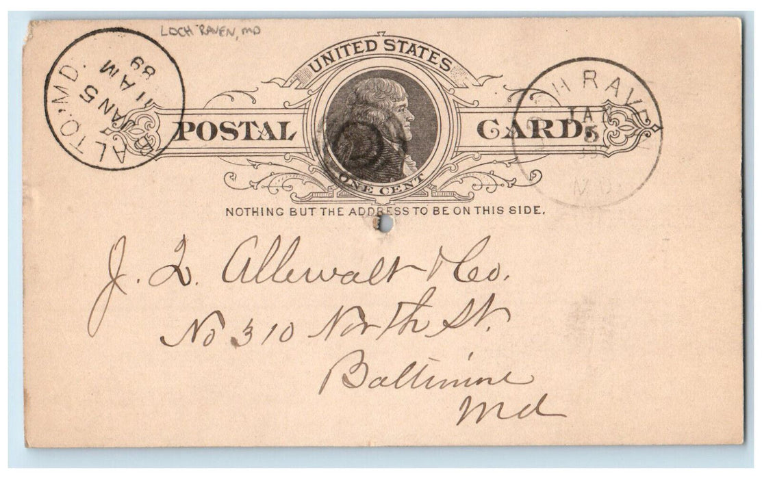 1889 Arthur W Shauklin Loch Raven Maryland MD Baltimore MD Postal Card