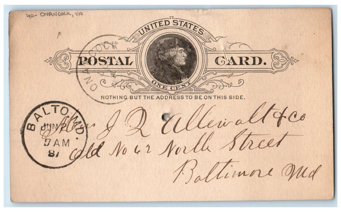 1887 JQ Allewalt & Co. Onancock Virginia VA Baltimore MD Postal Card