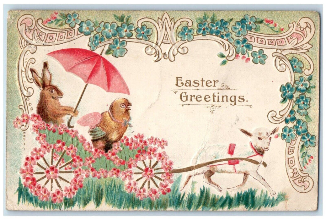Easter Greetings Sheep Pulling Wagon Rabbit Umbrella Pansies Embossed Postcard