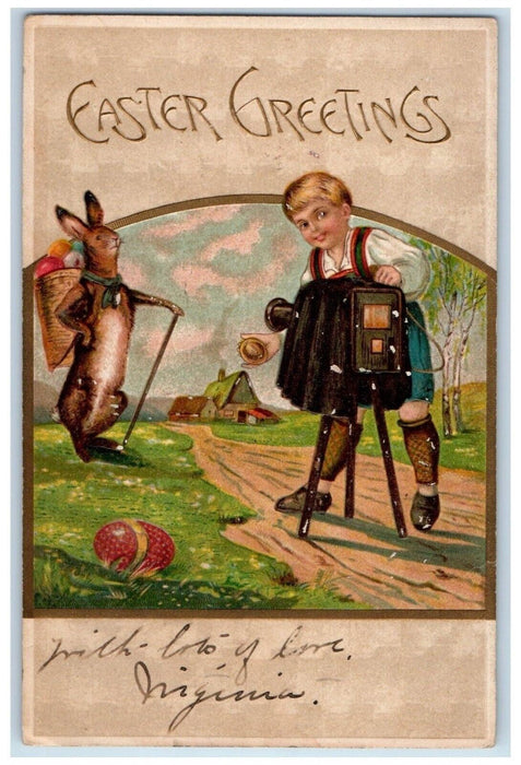 Easter Greetings Anthropomorphic Rabbit Basket Egg Camera Photographer Postcard