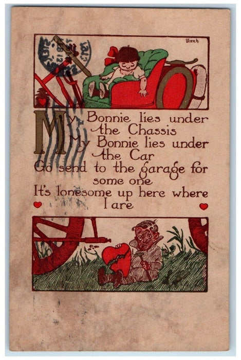 c1910's Valentine Man Under The Car Rust Craft Arts Craft Worcester MA Postcard