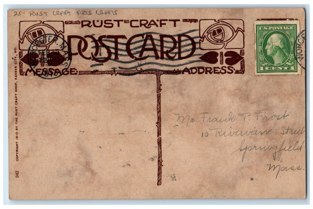 c1910's Valentine Man Under The Car Rust Craft Arts Craft Worcester MA Postcard