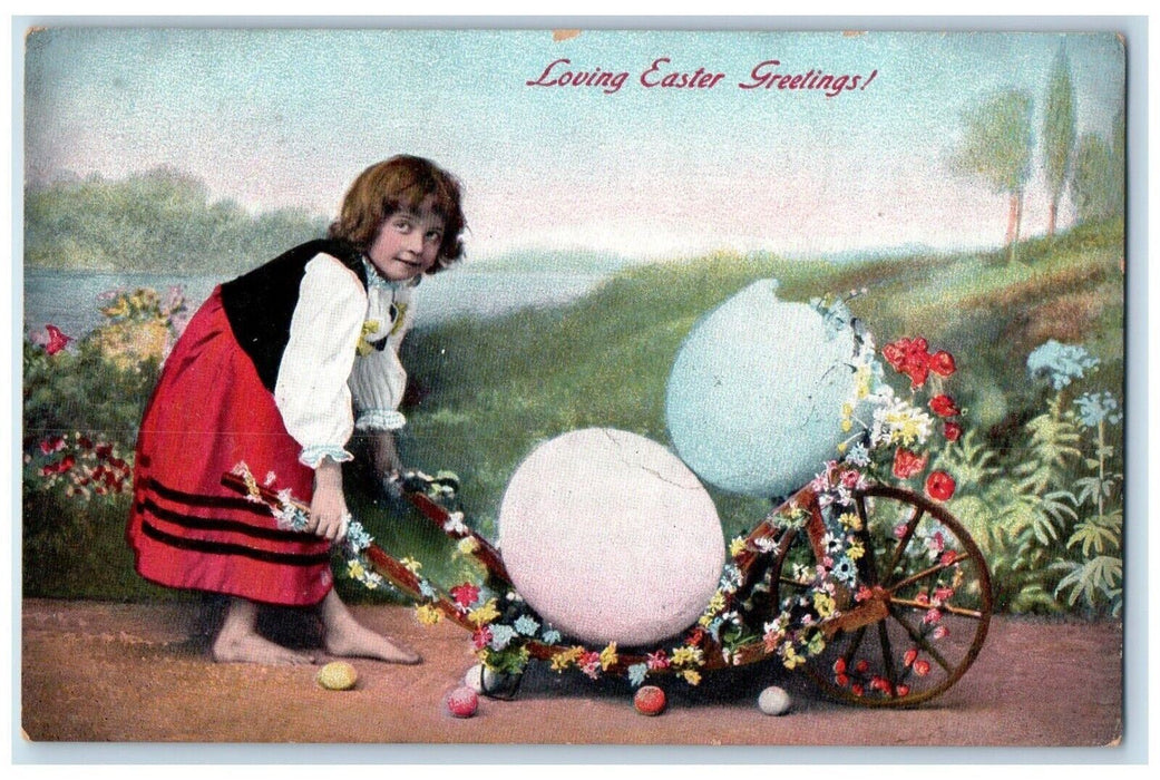 Easter Greetings Girl Barefoot Wagon Hatched Egg Flowers New London CT Postcard