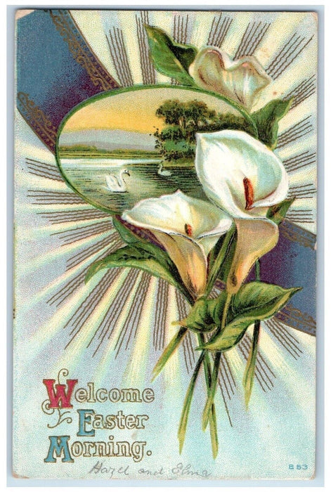 c1910's Easter Morning White Flowers Swan River Nash Embossed Antique Postcard