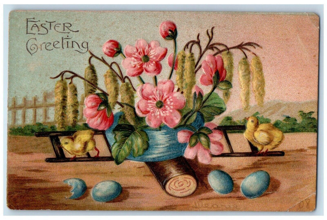 1908 Easter Greetings Flowers Cattails Eggs And Chicks Warwick PA Postcard