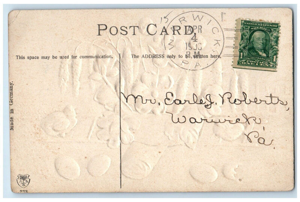 1908 Easter Greetings Flowers Cattails Eggs And Chicks Warwick PA Postcard