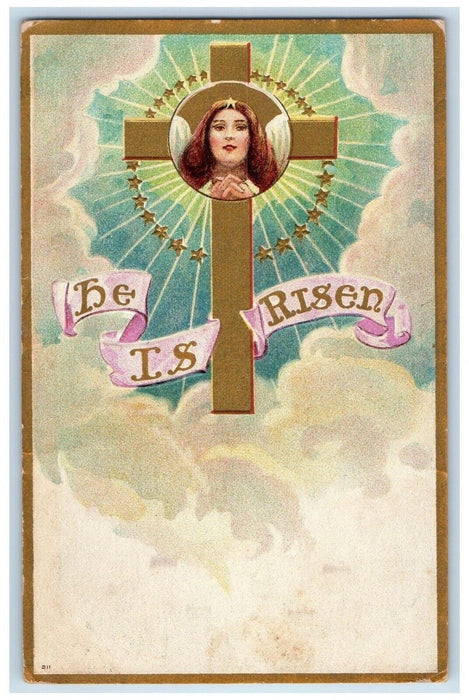 1910 Easter Holy Cross Angel Stars Clouds He Is Risen Embossed Antique Postcard