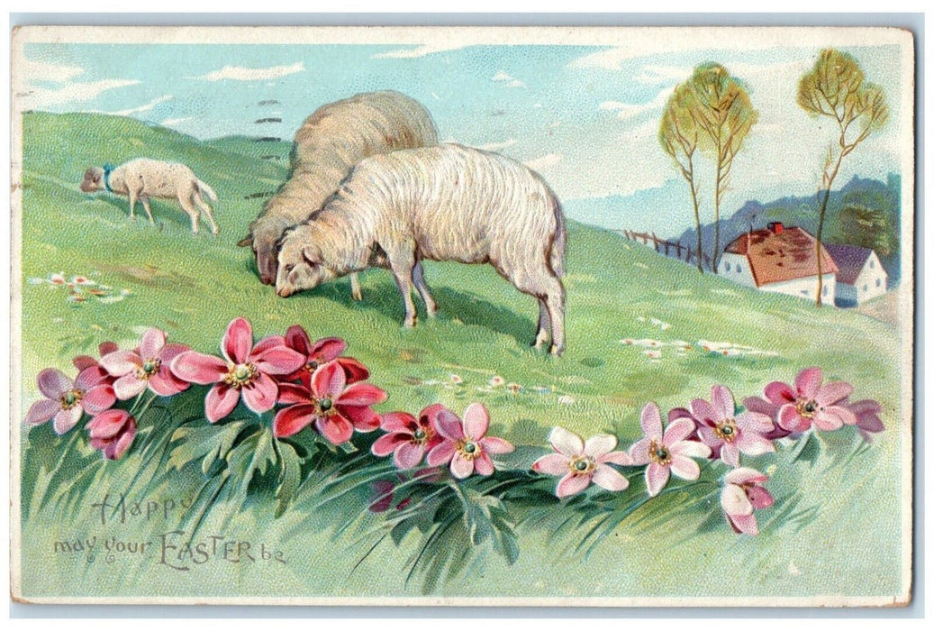1908 Easter Sheep Farm House Pansies Flowers Embossed Detroit MI Posted Postcard