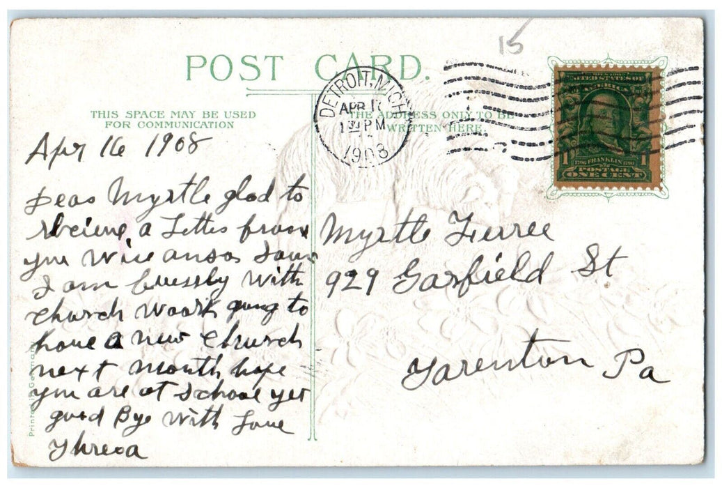 1908 Easter Sheep Farm House Pansies Flowers Embossed Detroit MI Posted Postcard