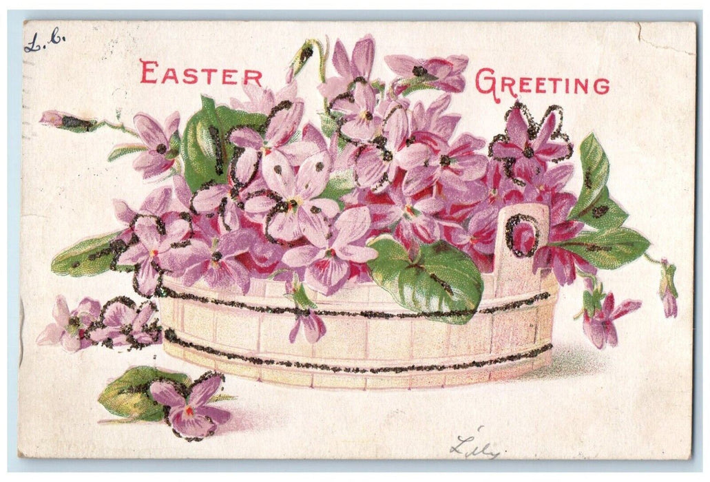 1907 Easter Greeting Pansies Flowers In Basket Glitter Embossed Antique Postcard