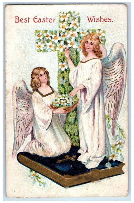 Easter Wishes Holy Cross Lilies Flowers Angels Bible Book Embossed Postcard