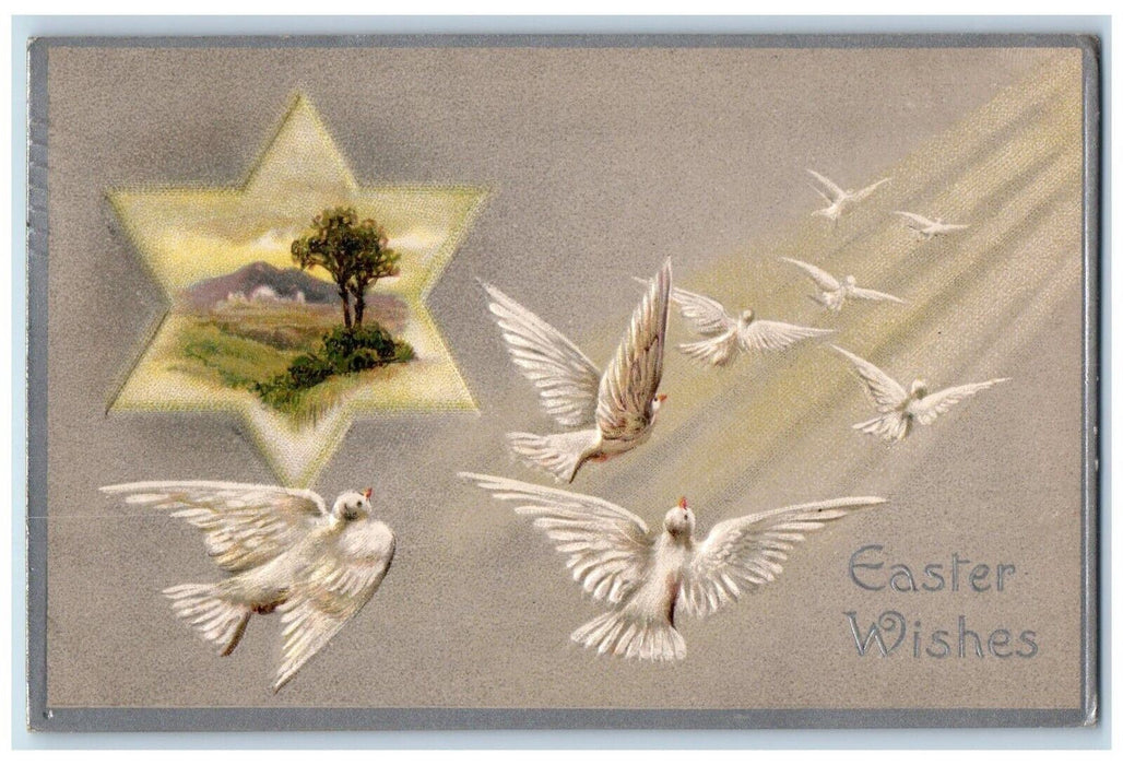1910 Easter Wishes Dove Star Field Trees Embossed Bellefontaine OH Postcard