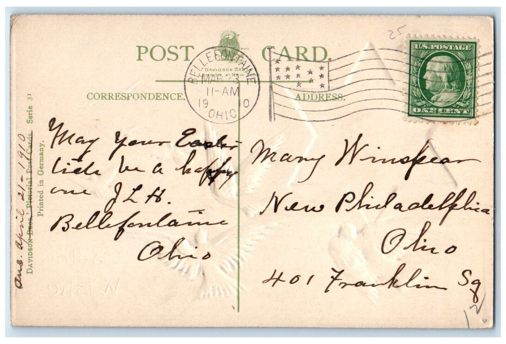 1910 Easter Wishes Dove Star Field Trees Embossed Bellefontaine OH Postcard
