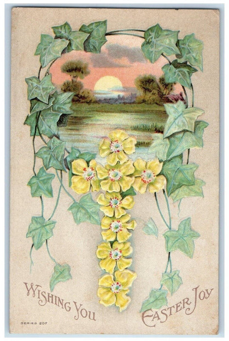 1912 Easter Joy Flowers Cross Ivy Leaf Sunset Embossed Warwick PA Postcard