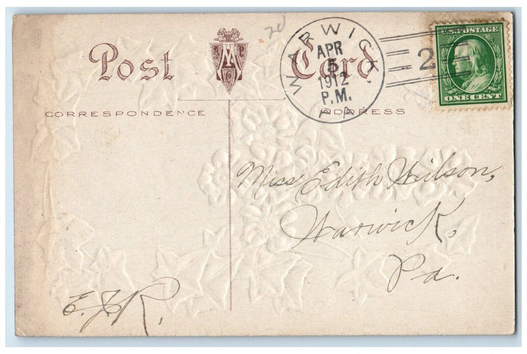 1912 Easter Joy Flowers Cross Ivy Leaf Sunset Embossed Warwick PA Postcard