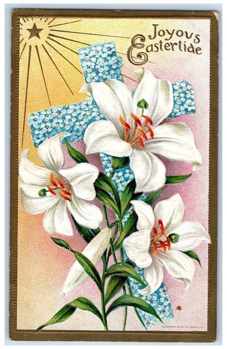 c1910's Easter Cross Pansies Flowers Lilies White Star Embossed Antique Postcard