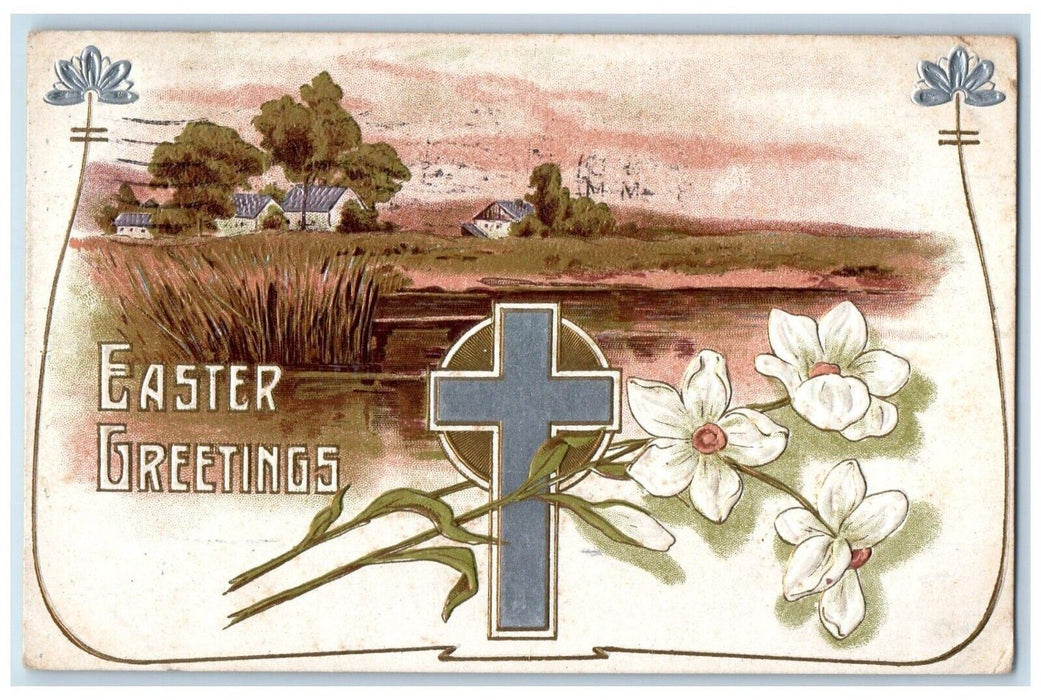 1910 Easter Greetings Holy Cross Flowers House Shelbyville Indiana IN Postcard