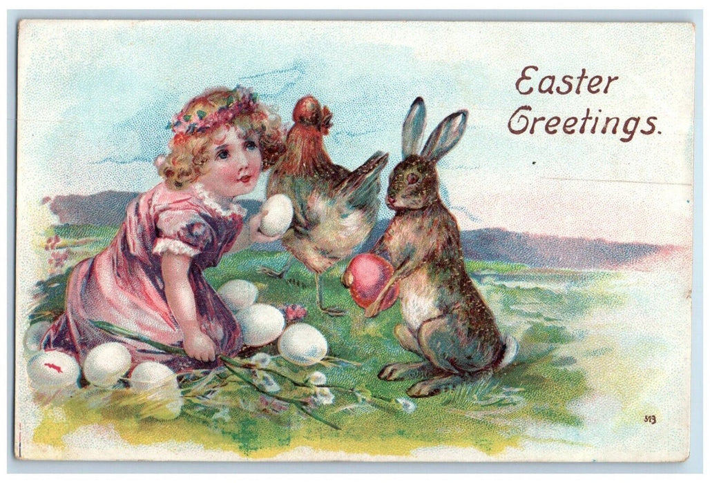c1910's Easter Greetings Girl Rabbit Chicken Eggs Embossed Antique Postcard