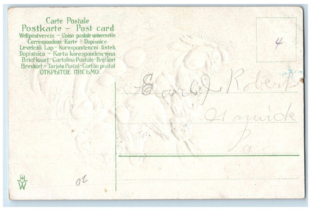 c1910's Easter Greetings Girl Rabbit Chicken Eggs Embossed Antique Postcard