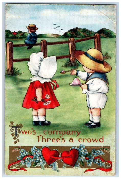 Valentine Hearts Little Sweetheart Boy Sitting Fence Pansies Moira NY Postcard