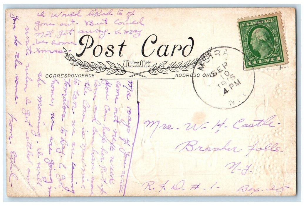 Valentine Hearts Little Sweetheart Boy Sitting Fence Pansies Moira NY Postcard