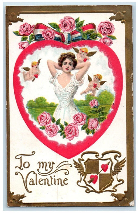 1908 Valentine Heart Pretty Woman Cupid Angels Roses Flowers Embossed Postcard