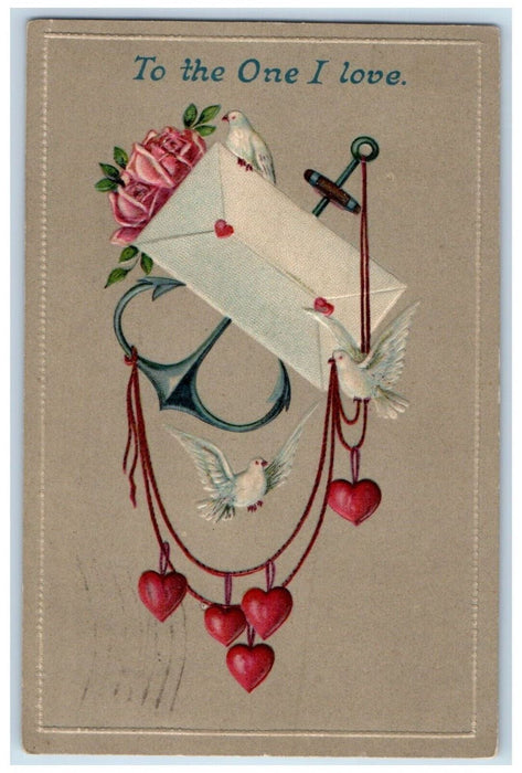 1910 Valentine Anchor Dove Flowers Dove Letter Embossed Boston MA Postcard