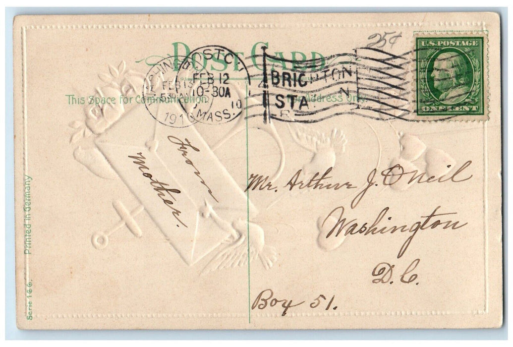 1910 Valentine Anchor Dove Flowers Dove Letter Embossed Boston MA Postcard