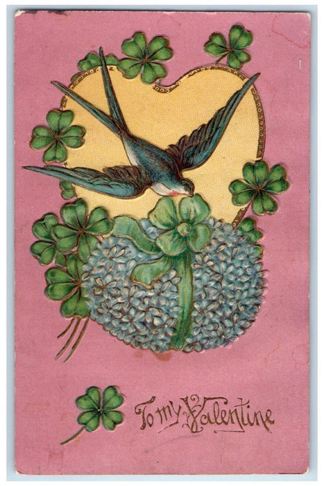 1910 Valentine Heart Pansies Flowers Clover Bird Embossed Antique Postcard