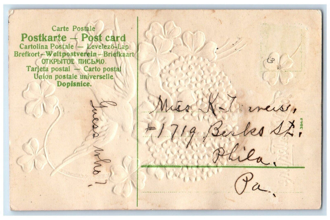 1910 Valentine Heart Pansies Flowers Clover Bird Embossed Antique Postcard