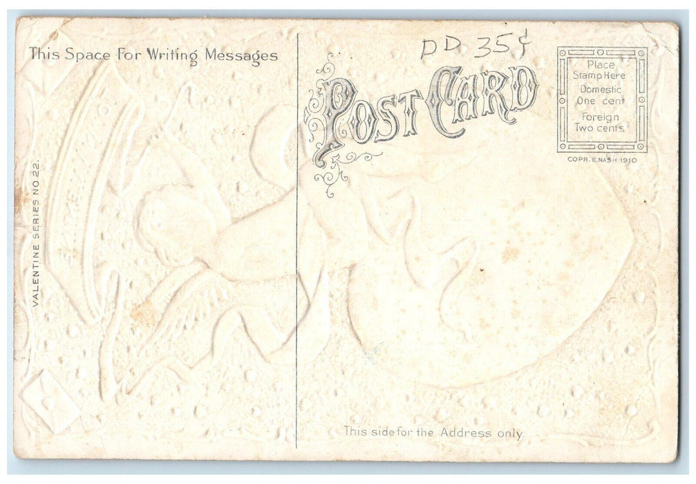 c1910's Valentine Angel On Top Of Giant Heart Letters Embossed Antique Postcard
