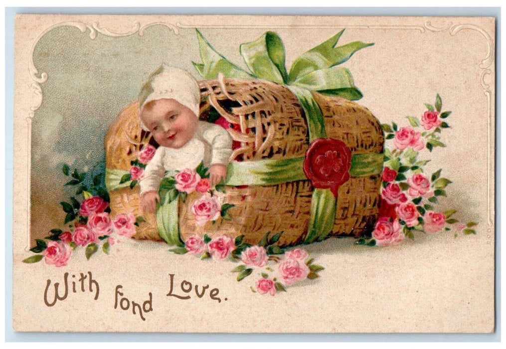 c1910's Valentine Toddler Baby In Basket Flowers Clapsaddle Embossed Postcard