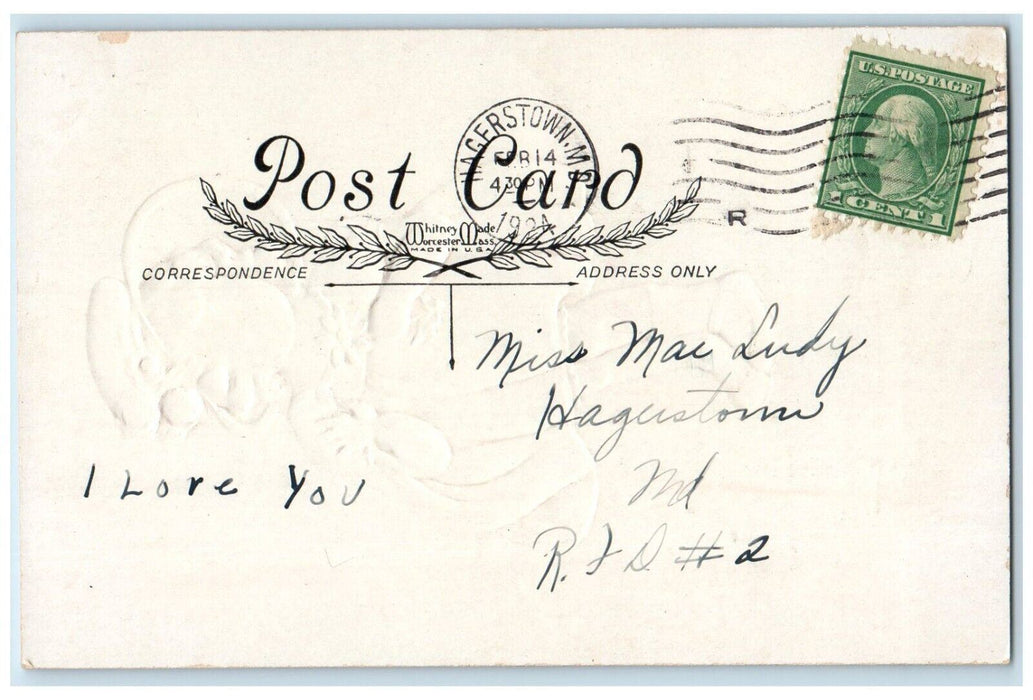 1924 Valentine Greeting Girl Motto Flowers Embossed Hagerstown MD Postcard