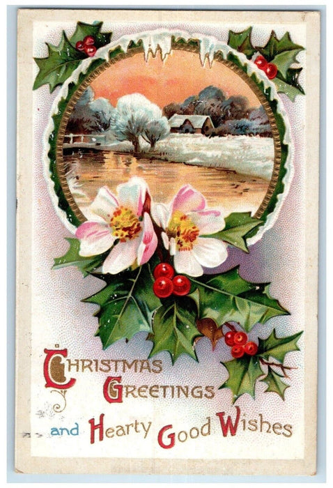 1910 Christmas Greetings Holly Berries Flowers Winter Clapsaddle Posted Postcard