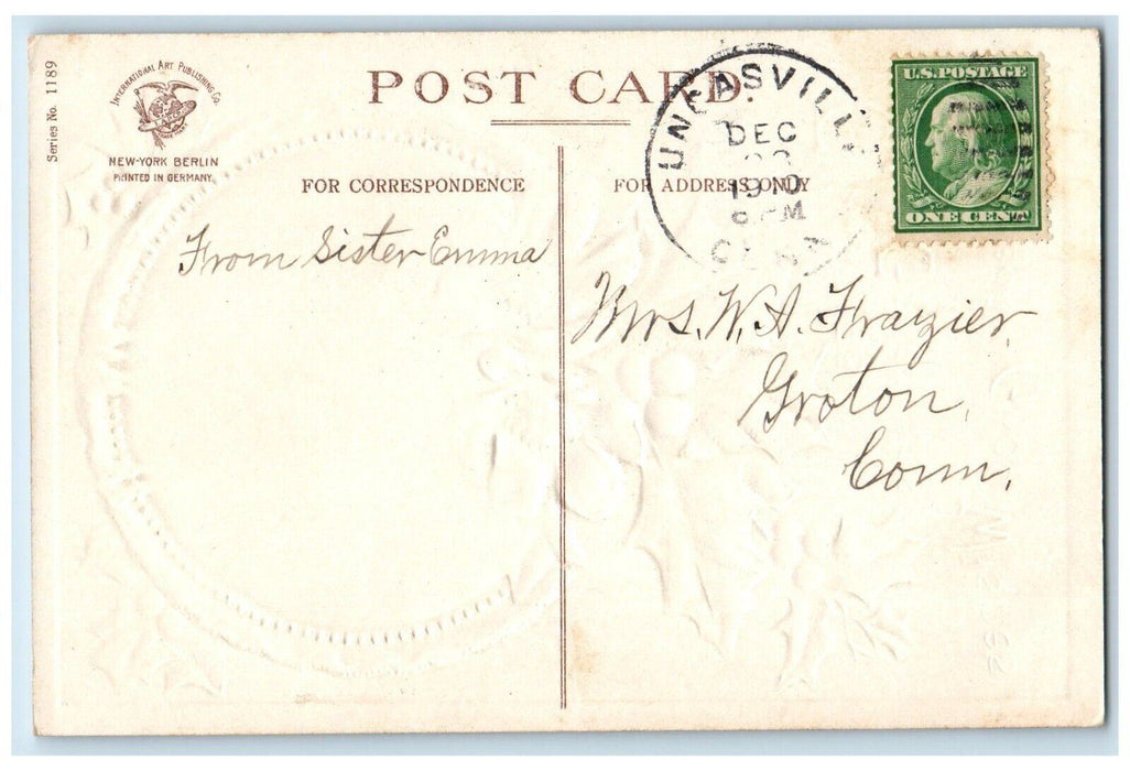 1910 Christmas Greetings Holly Berries Flowers Winter Clapsaddle Posted Postcard