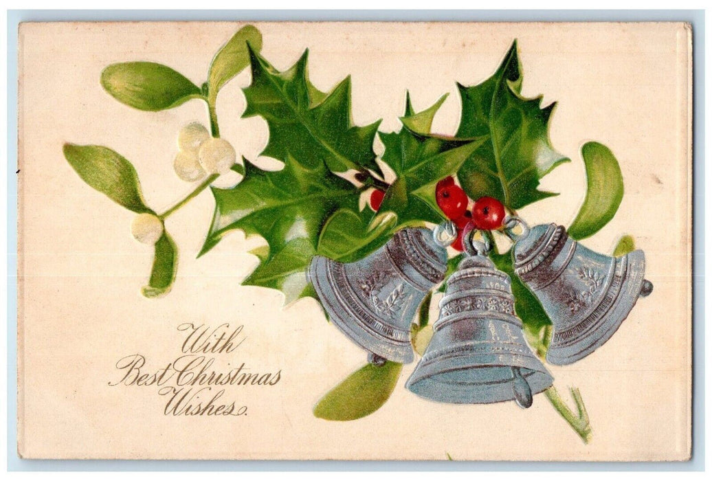 c1905 Christmas Wishes Ringing Bells Berries Mistletoe Nash Embossed Postcard