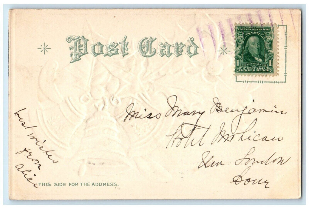 c1905 Christmas Wishes Ringing Bells Berries Mistletoe Nash Embossed Postcard