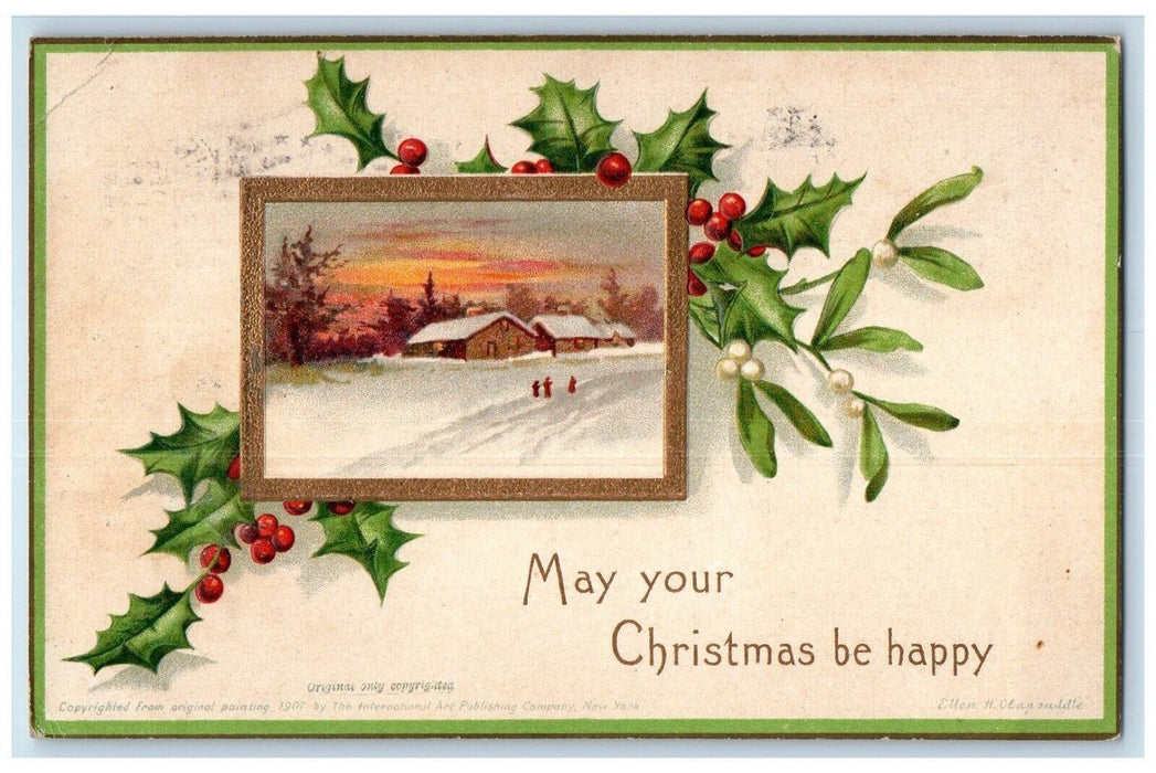 1908 Christmas Holly Berries Mistletoe House Winter Ellen Clapsaddle Postcard